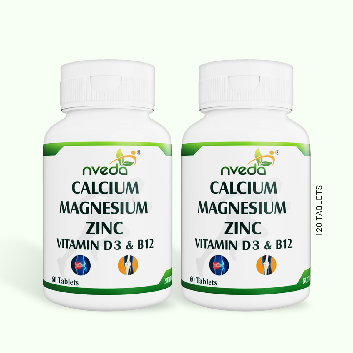 Nveda Calcium, Magnesium, Zinc, Vit D3, K2 and B12 - Pack of 2 - 120 Tablets