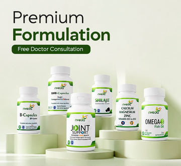 Nveda Premium Formulation supplement range including B-Capsules BP Control, SMB Capsules Sugar Management, Joint Support, Shilajit, Calcium Magnesium Zinc Vitamin D3 B12, and Omega-3 Fish Oil — with free doctor consultation