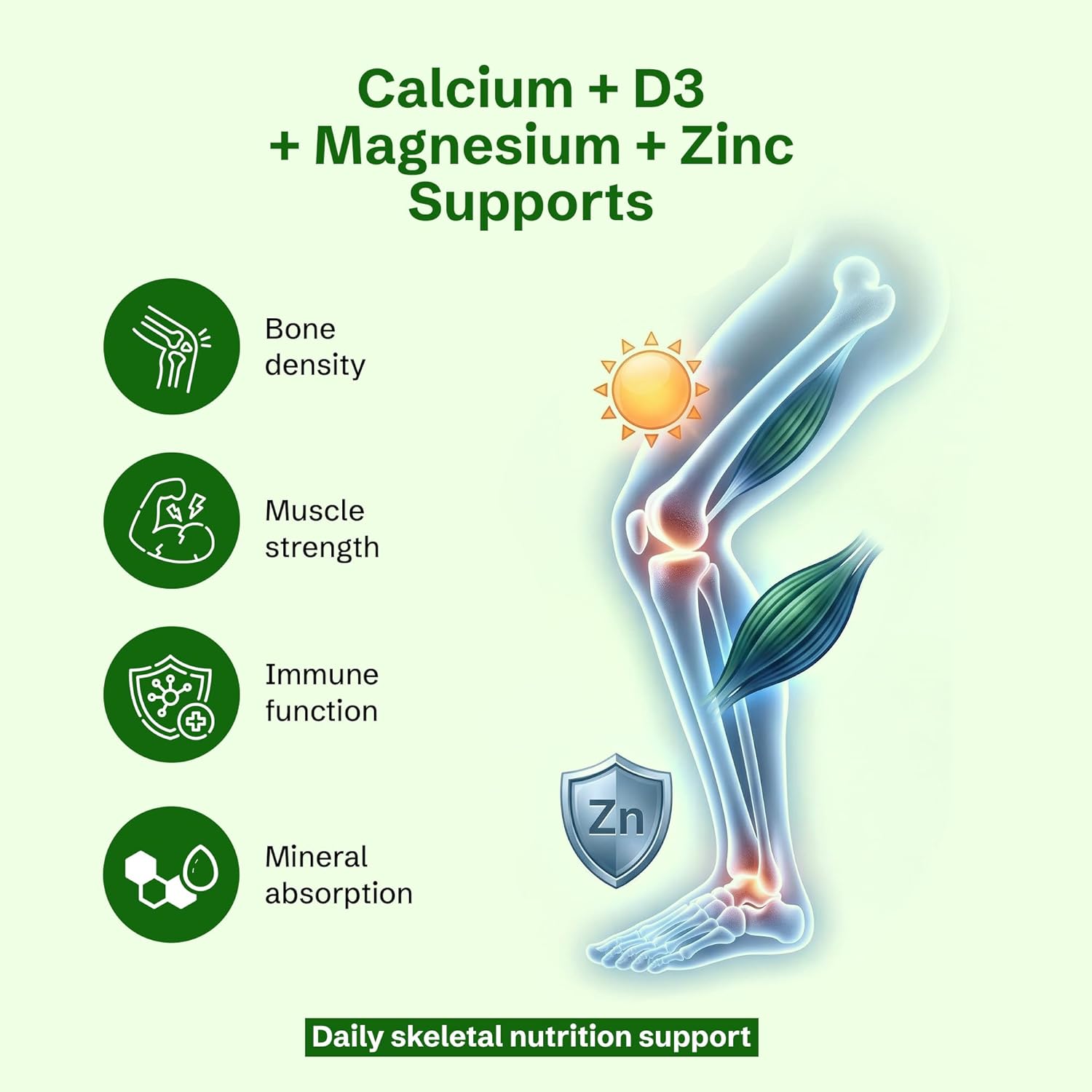 Diagram of a skeleton with nutrients and their benefits on a green background