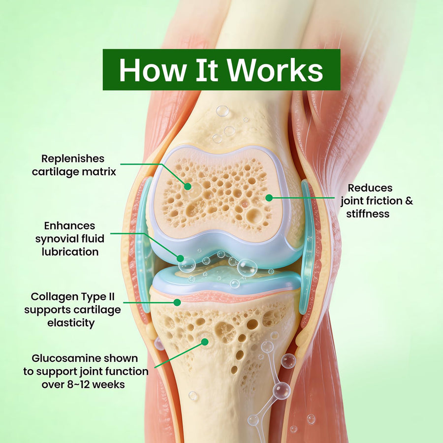 Knee joint diagram showing how glucosamine supports cartilage and synovial fluid