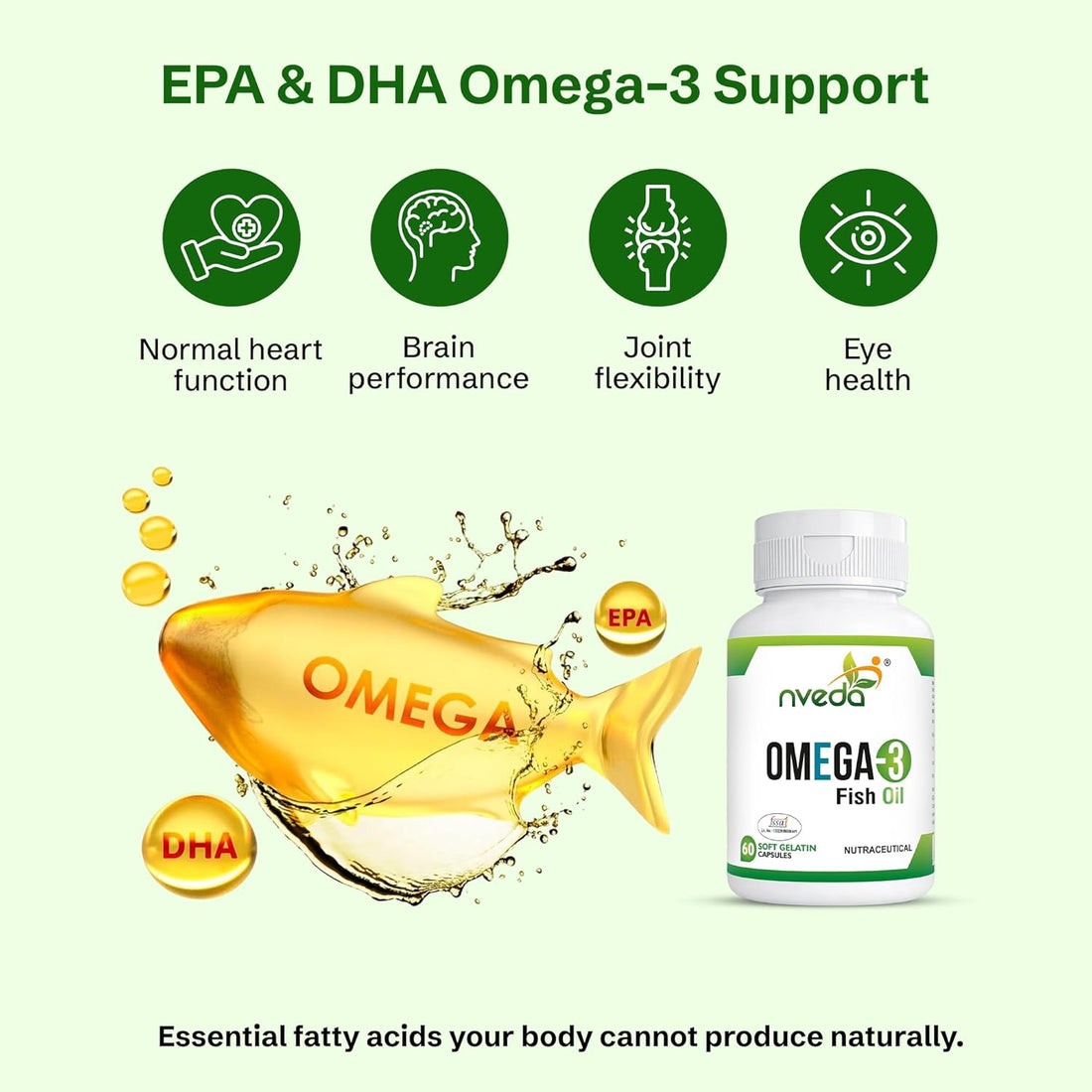 Nveda Omega-3 Fish Oil softgels with EPA and DHA for heart brain and joint health support