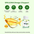 Omega-3 supplement bottle with fish illustration and health benefits on a green background