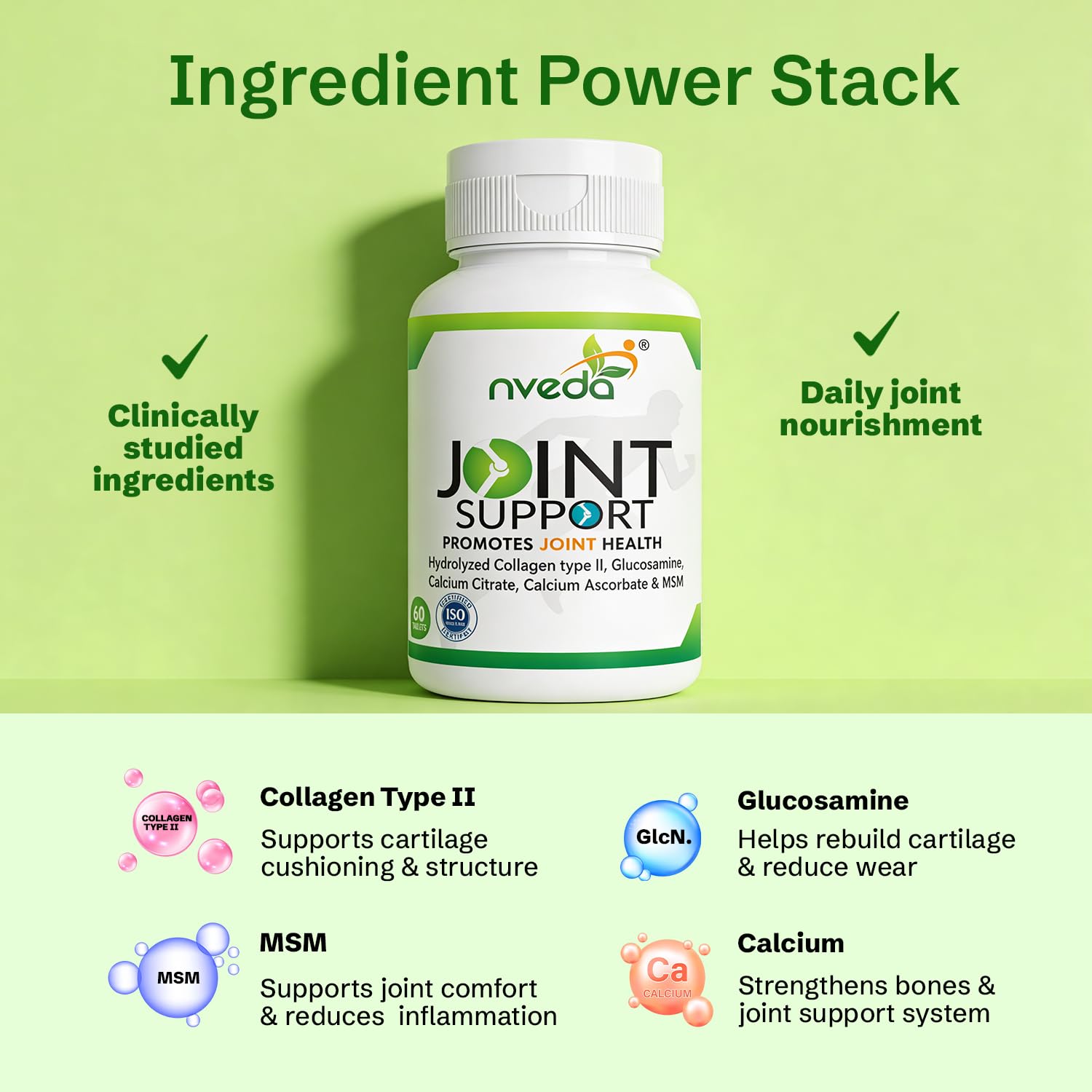 Niveda Joint Support supplement bottle with ingredient details on a green background