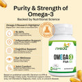 Nveda Omega-3 fish oil bottle with research highlights on a beige background
