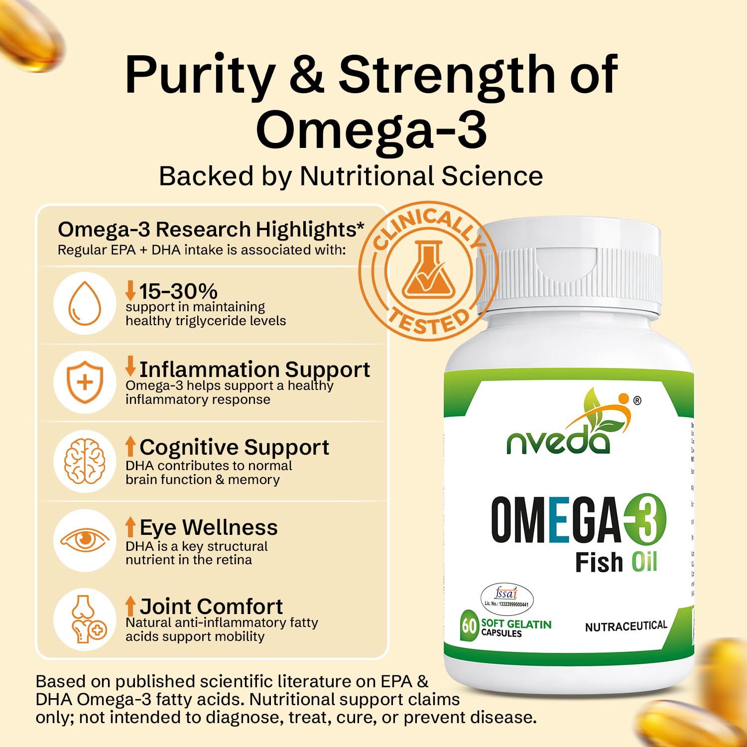 Nveda Omega-3 fish oil bottle with research highlights on a beige background