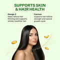 Woman with long black hair against a light green background with text about omega-3 and calcium benefits for skin and hair health.