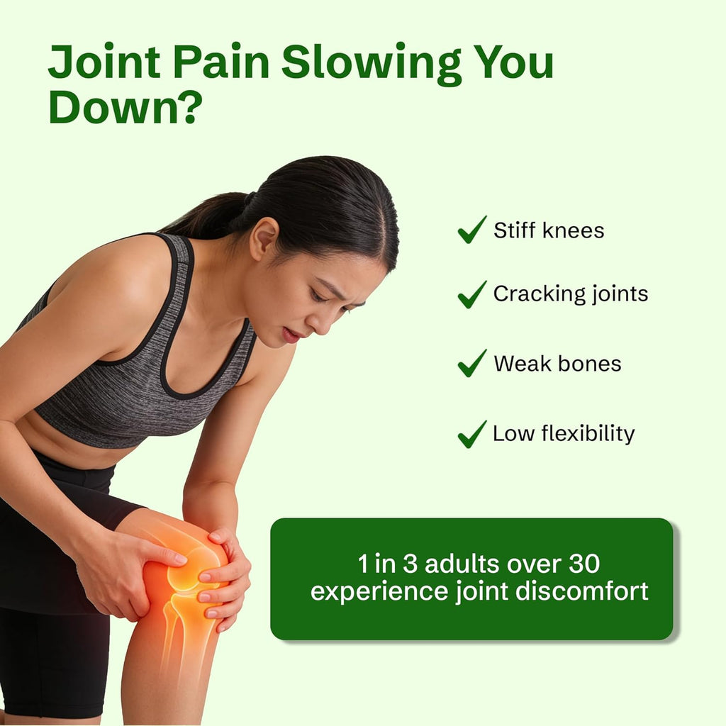 Woman touching her knee, with information about Nveda Joint Support for joint comfort