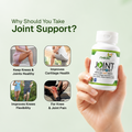 A hand holds a white bottle of Nveda Joint Support supplements against a pale green background, with marketing text and four small inset images about joint health benefits.