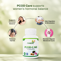 A white bottle of nveda PCOD-Care supplement centered on a soft green gradient background, surrounded by four circular lifestyle insets showing benefits for hormonal balance, digestion, hair health, and menstrual cycle support.