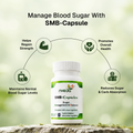 A bottle of nveda SMB-Capsules sugar management supplements centered on a light green blurred background with text and icons about blood sugar management.