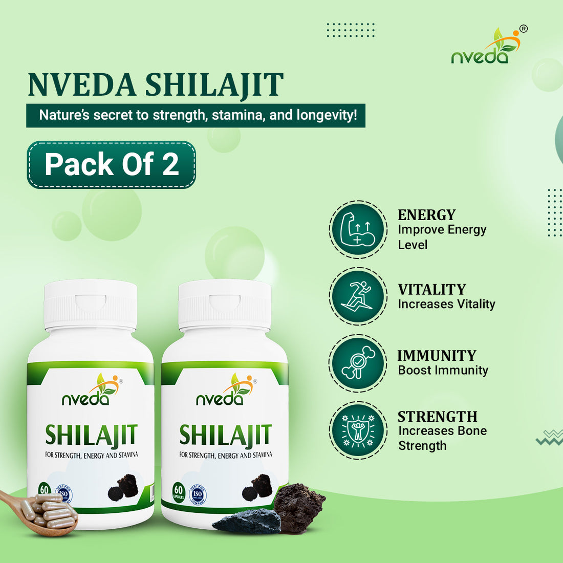 Nveda Shilajit - Pack of 2 - 120 Capsules