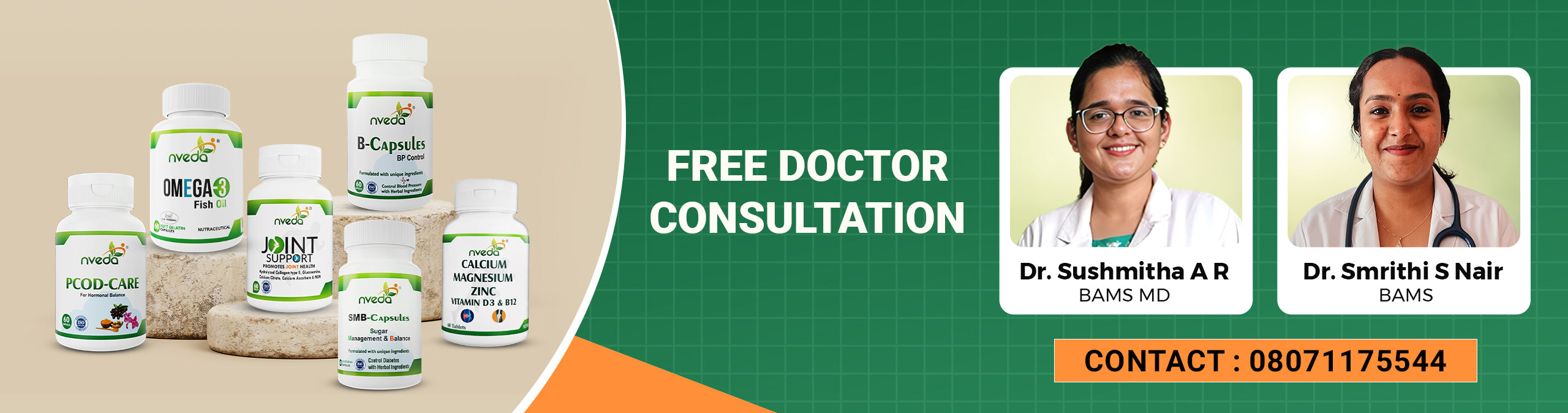 Supplement products with images of two doctors and contact information on a green and beige background