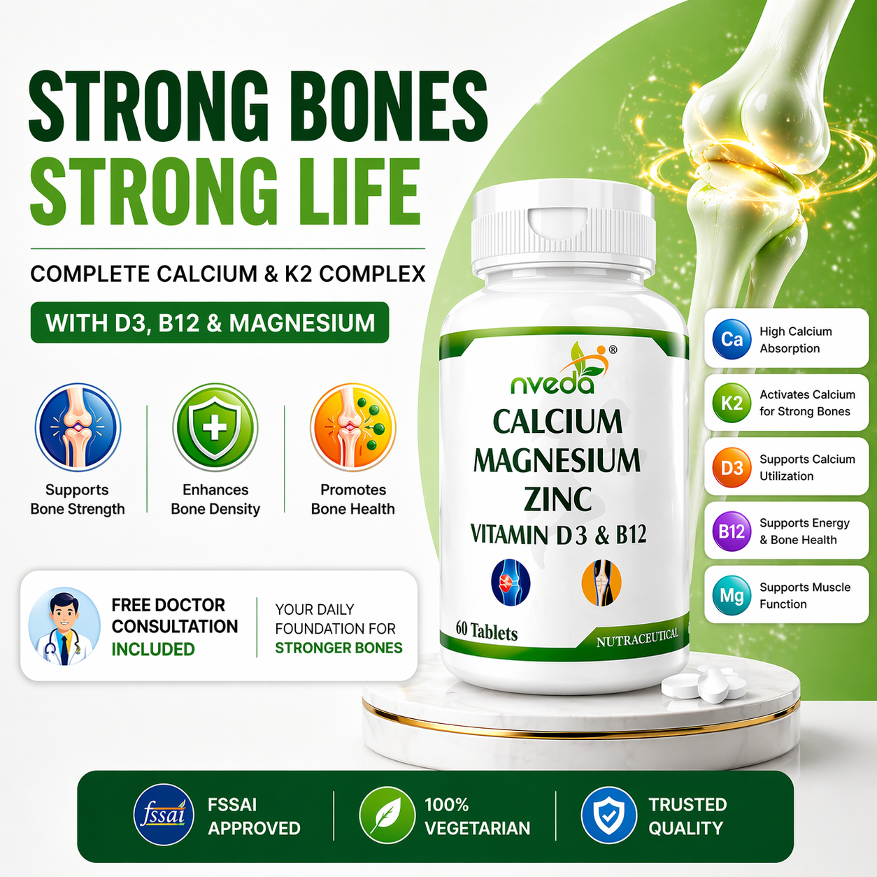 Nveda Calcium Complex tablets with Vitamin D3 K2 Magnesium Zinc and B12 for bone strength support