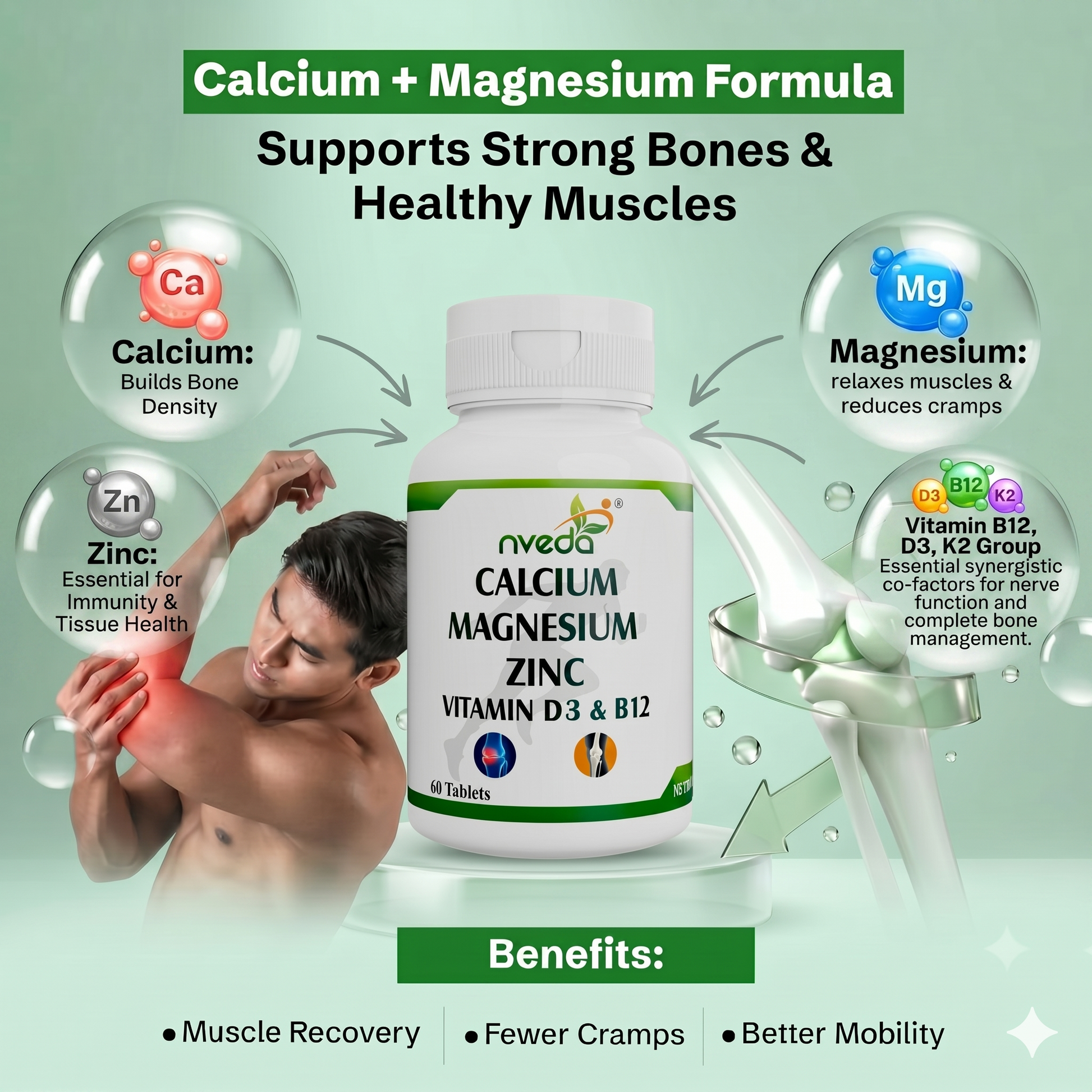 Nveda Calcium Complex tablets with Vitamin D3 K2 Magnesium Zinc and B12 for bone strength support