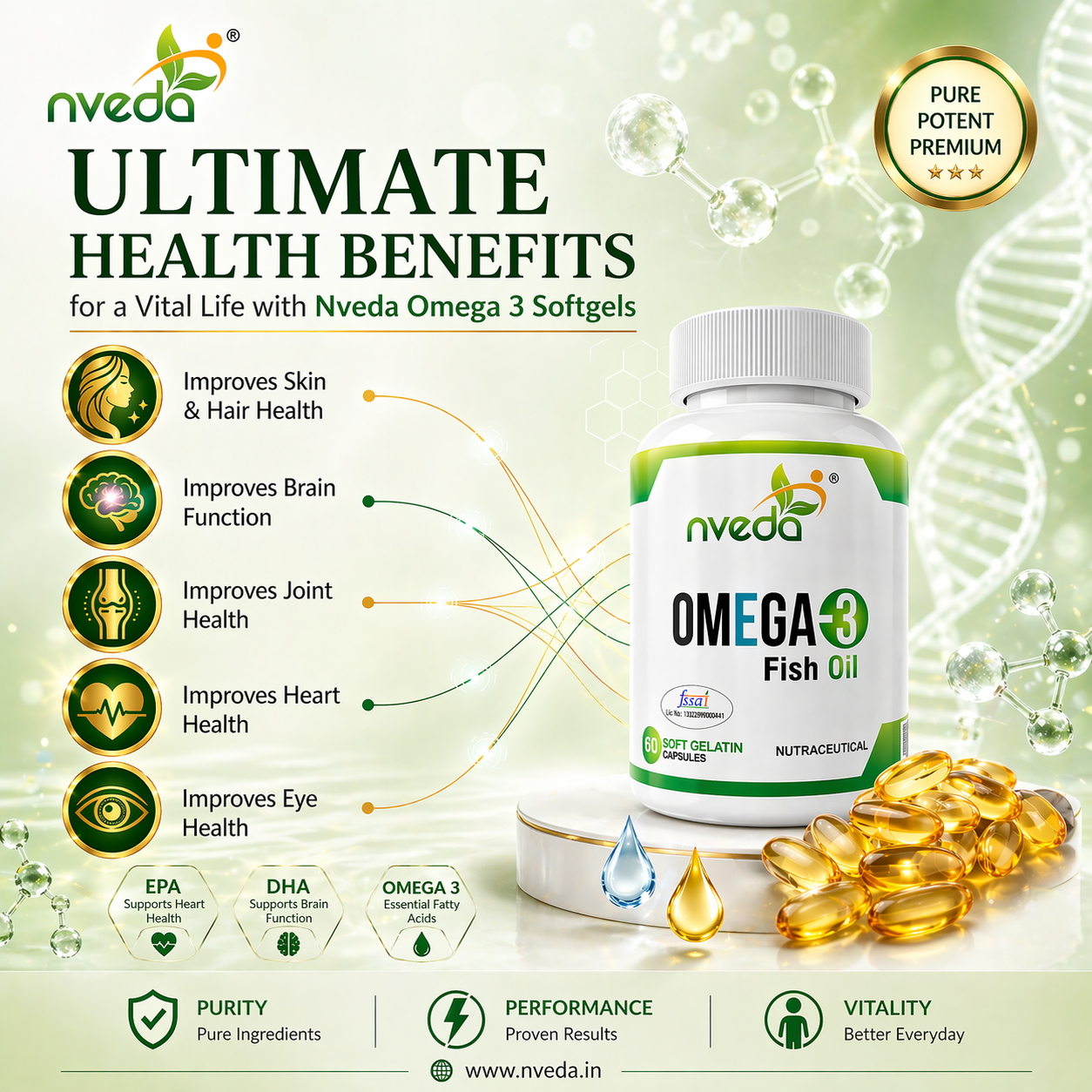 Nveda Omega-3 Fish Oil softgels with EPA and DHA for heart brain and joint health support