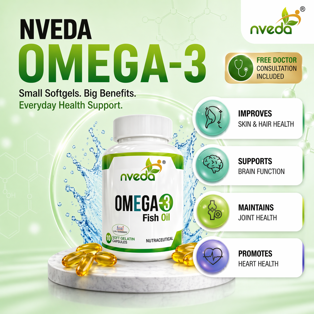 Nveda Omega-3 Fish Oil softgels with EPA and DHA for heart brain and joint health support