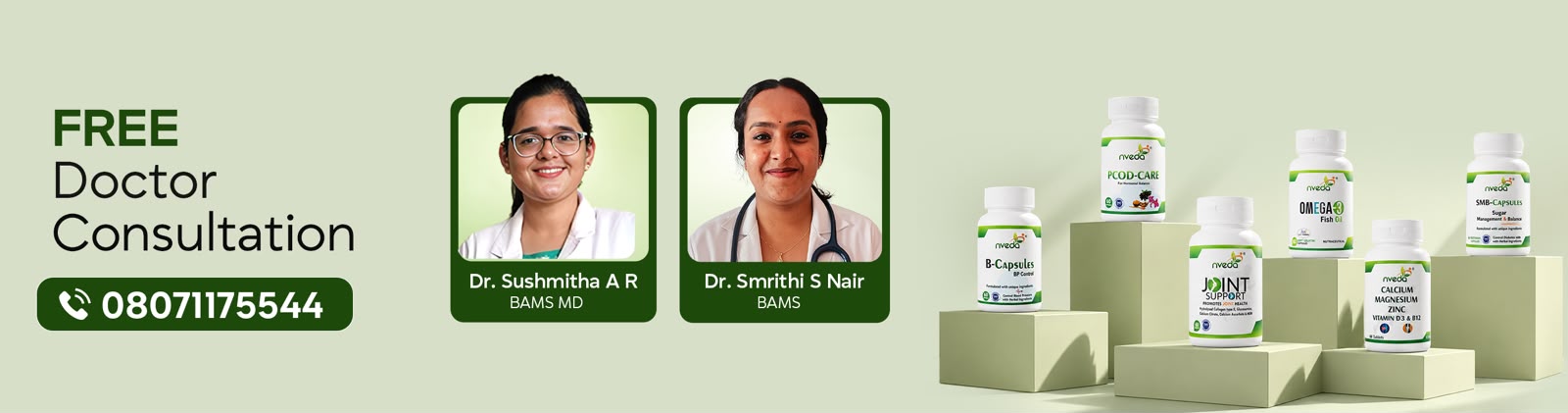 Promotional banner for 'FREE Doctor Consultation' featuring two doctors' photos and a row of several Piyera supplement bottles displayed on geometric pedestals against a pale green background.1621243260e1af0c20-2