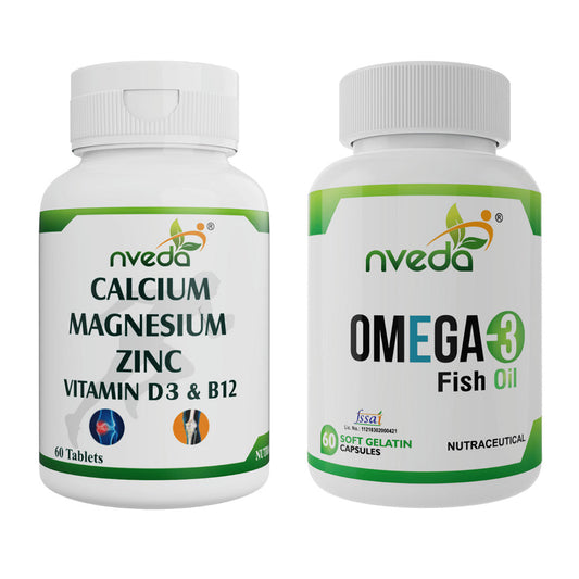 Nveda Combo Pack of Omega 3 Fish Oil 60 Capsules & Calcium , Magnesium, Zinc, Vit D & B12 for Men & Women (60 Tablets)